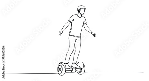 Young man wearing a protective helmet safely balancing on a modern electric hoverboard in a continuous line art style, ideal for dynamic urban mobility and active lifestyle promotions.
