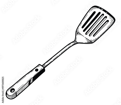 Handdrawn slotted kitchen spatula vector illustration in engraving style, perfect for cooking websites, recipe books, culinary school materials, or menu designs.