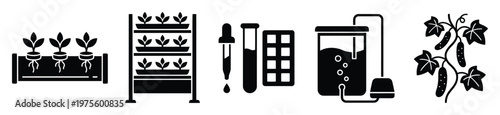 Hydroponics and vertical farm cultivation systems icons, illustrating modern agricultural methods for growing plants and managing essential nutrients, ideal for educational content.