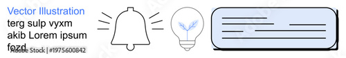 Notifications, creativity, ideas, UX design, communication, productivity. Bell icon, lightbulb and textbox. Notifications and creativity for digital tools and concepts