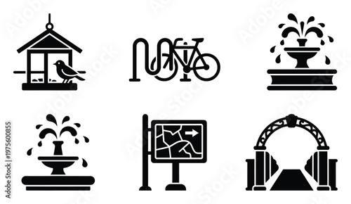 Essential public park and outdoor facility symbols like a bird feeder, bicycle rack, flowing water fountains, area map, and ornamental garden arch for cityscape graphic needs.