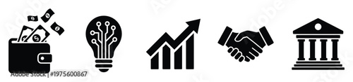 Financial technology and business success icons representing money management, innovative ideas, market growth, partnership agreements, and institutional banking services for economic