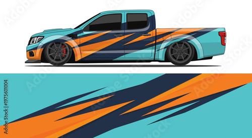 Stylized orange and blue graphic pickup truck with bold abstract stripes.
