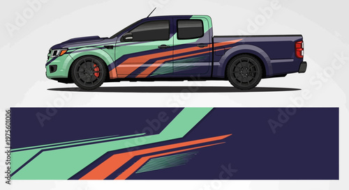 Side view of a colorful pickup truck with abstract racing stripes and bold graphic design.