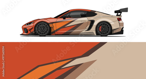 Sleek orange race car profile with bold graphic livery and aerodynamic design.
