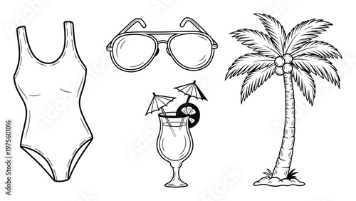 Black outline vacation essentials depicting a swimsuit, stylish sunglasses, a fruity cocktail, and a tropical palm tree, ideal for travel agency advertisements and beach resort promotions.