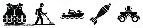 Comprehensive collection of military equipment and defense gear icons featuring a tactical vest, mine detector, patrol boat, bomb, and robotic device for security applications.