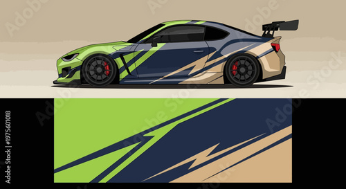 Side profile of a high performance racing car on a track with bold graphic livery and color accents.