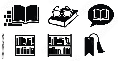 Versatile collection of book and reading related icons for educational resources, library service applications, publishing content, and knowledge platforms.