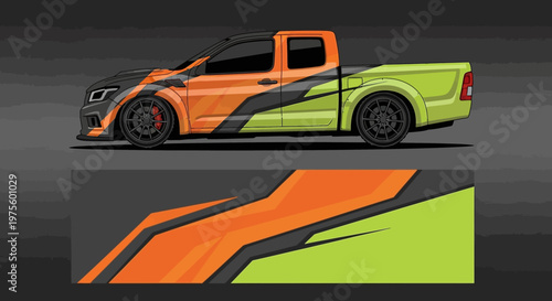 Orange and lime green pickup truck with bold graphic livery and stripe accents, showcased as a dynamic automotive design concept.