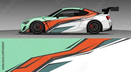 Colorful high performance race car with bold graphic stripes seen in side profile.