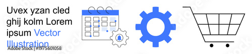 Business planning, e-commerce, online shopping, scheduling, productivity, organization. Calendar with a gear, gear icon shopping cart. Business planning and e-commerce concept