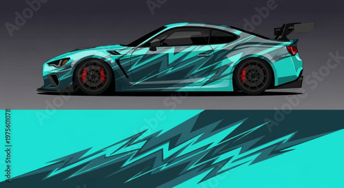 Turquoise sports car with bold teal graphics and dynamic design.
