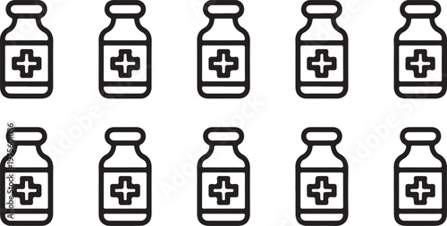 A collection of medicine bottles with a medical cross on the label