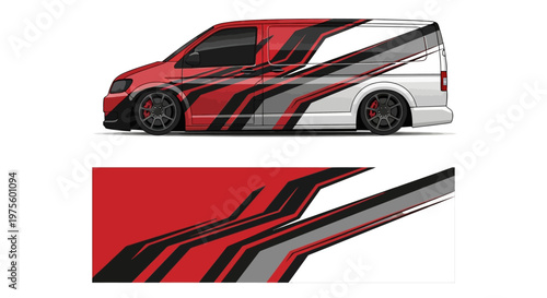 Graphic red and black custom van with dynamic stripe design and sleek curves.