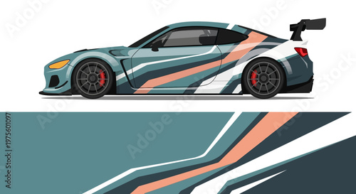 Dynamic Side View of a Stylized Race Car with Teal and Orange Stripes in Motion.