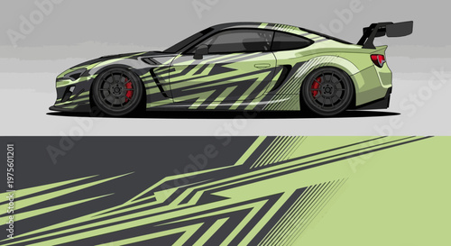 Vibrant neon lime wrap sports car with bold graphic design and aero styling on a coupe in motion.