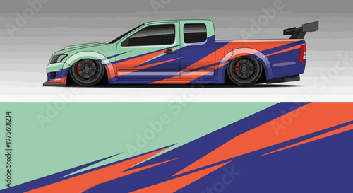 Vibrant customized race car with bold blue and orange livery and sleek low profile design.