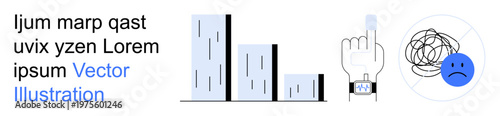 Data analysis, productivity tracking, mental health awareness, workplace performance, digital tools, and emotional wellbeing. Bar charts, smartwatch hand and sad emotion with tangled lines. Data