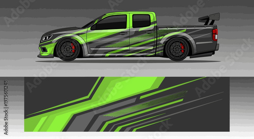 Neon Green Pickup Truck with Bold Graphic Stripes and Aggressive Performance Design.