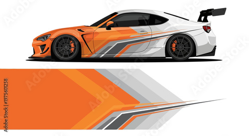 Orange and white racecar with bold graphic stripes and a rear spoiler.