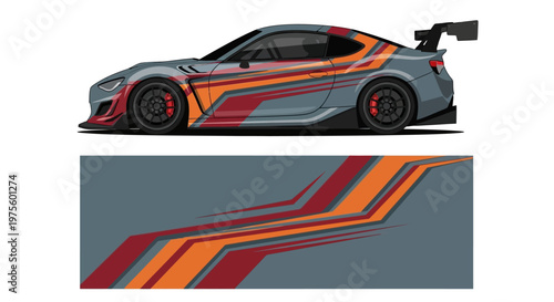 Sleek Racing Car with Bold Multicolor Stripes and Side Profile.