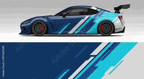 Blue Sports Car with Dynamic Graphics and Motion Blur, Sleek Aerodynamic Profile.