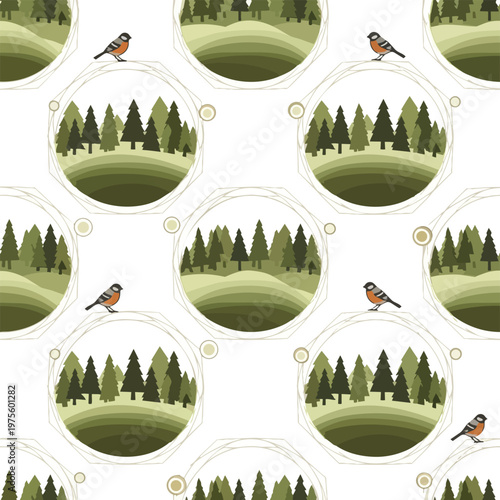 Birds perch on circular frames with serene nature scenes abstract Painting