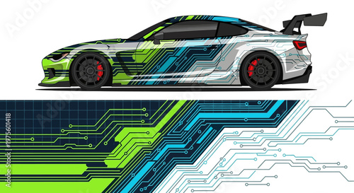 Stylized Race Car with Neon Circuitry and Futuristic Graphics for High Velocity Design.