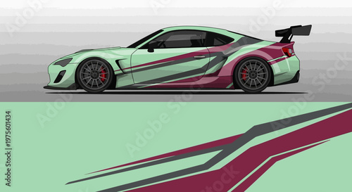 Vibrant teal sports car with graphic accents and aerodynamic design on a city streetscape.