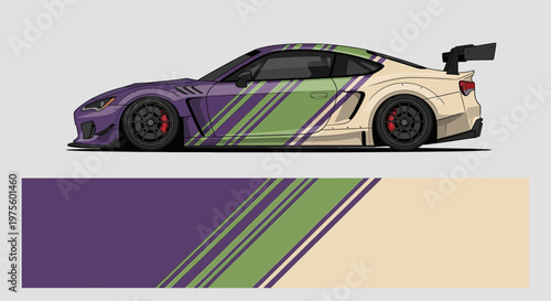 Side Profile of a Purple Green Accent Sports Car with Racing Stripes and Custom Aerodynamic Design.