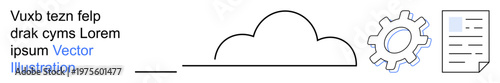 Cloud computing, digital solutions, workflow management, file processing, document storage, data operations. Cloud with gear and document icons. Cloud computing and digital solutions concept