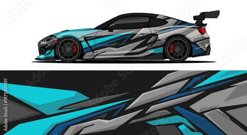 Stylized blue and gray racing car with bold geometric patterns in a dynamic illustration.