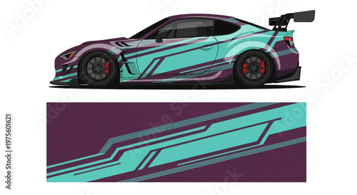 Stylized turquoise and purple racing car illustration with bold graphic lines.
