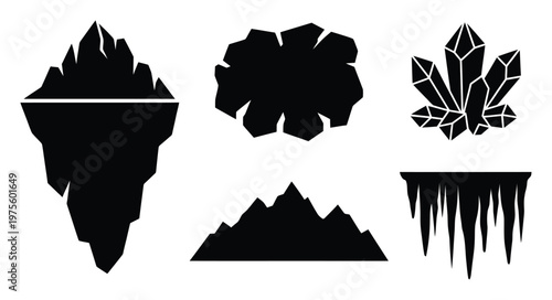 Collection of black silhouettes representing cold natural elements like an iceberg, sharp crystals, majestic mountains, and dangling icicles perfect for game graphics and winter themed