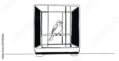 Minimalist line drawing of a small bird inside a metal cage representing themes of captivity and nature, ideal for symbolic graphic applications and educational resources