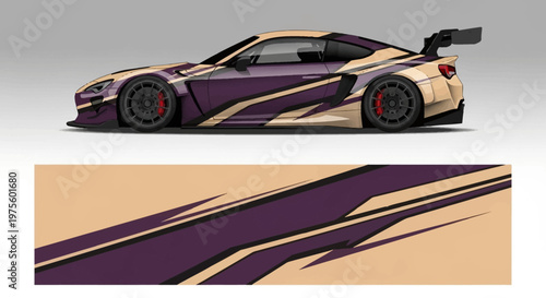 Side view of a sleek sports car with purple and gold racing livery on a plain gradient backdrop.