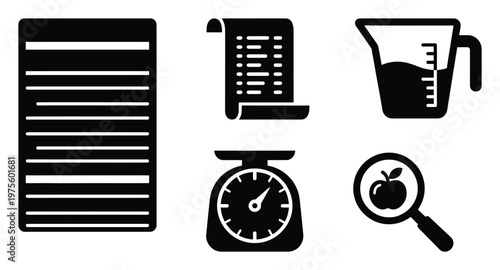 Kitchen and healthy eating glyph icons illustrating food preparation steps, ingredient measurement, nutritional facts, and diet monitoring for culinary projects and healthy lifestyle content