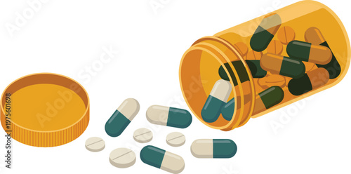 An orange bottle of pills spilled on a white surface