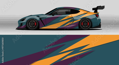 Colorful sports car with bold livery cruising on a street under dramatic lighting.