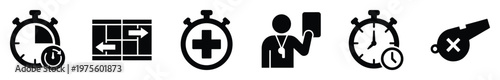 Professional sports referee and game time icons including stopwatch, tactical display, penalty card, and whistle for broadcast graphics and digital platforms