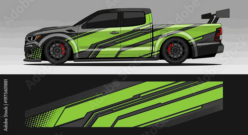 Side view of a neon-green race car with bold graphic wrap and aerodynamic design.