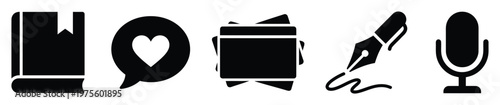 Collection of black glyph icons representing literature, social communication, documentation, writing, and audio recording, ideal for modern digital interfaces and educational resources