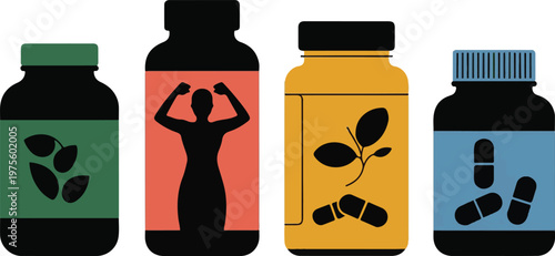 Four bottles of pills and supplements on a white background