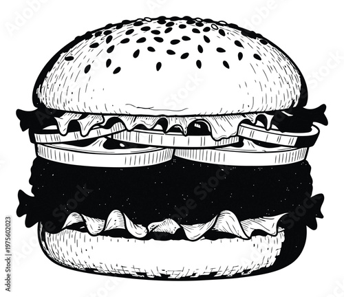 Detailed monochrome hand drawn sketch of a classic hamburger featuring a bun with sesame seeds a thick patty lettuce tomato and onion slices perfect for menus recipes food blogs and