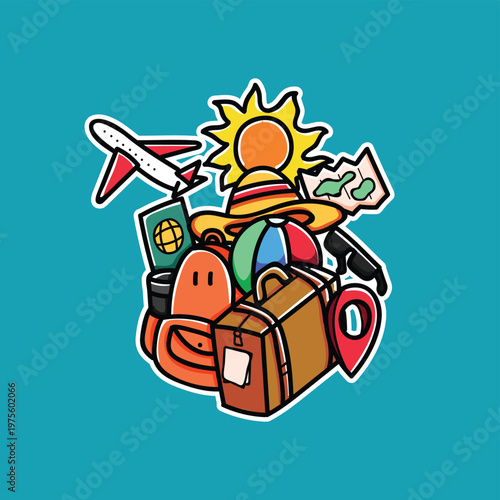 Colorful Travel Sticker Collection With Luggage, Plane, Beach Hat, Passport and Summer Accessories