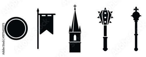 Collection of black silhouette icons representing medieval symbols including shield, flag, church steeple, mace, and royal scepter useful for history projects or game development assets.
