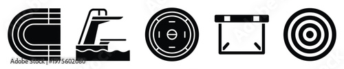 Collection of black silhouette sports activity icons including running track, diving board, and targets for athletic event applications and graphic resource use.