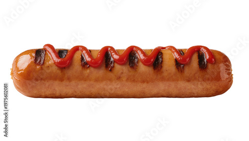 Grilled pork sausage with zigzag red ketchup drizzle, isolated on transparent background