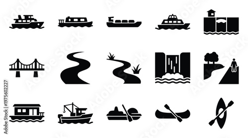 Comprehensive collection of water transport and natural waterway icons including ships, boats, rivers, waterfalls, and a bridge for modern web, app, and user interface design projects